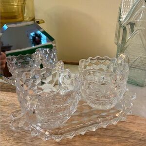 Vintage Fostaria Cubist Cut Clear Glass Sugar and Creamer Set with Tray